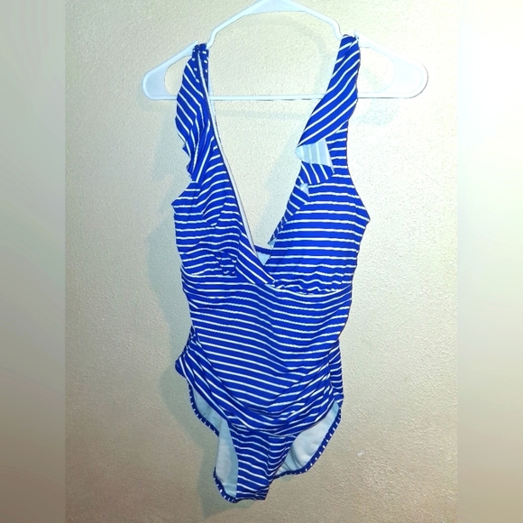 Lauren Ralph Lauren One Peice Blue Whit Striped Nautical Swim Bathing Suit 12 - Picture 1 of 5